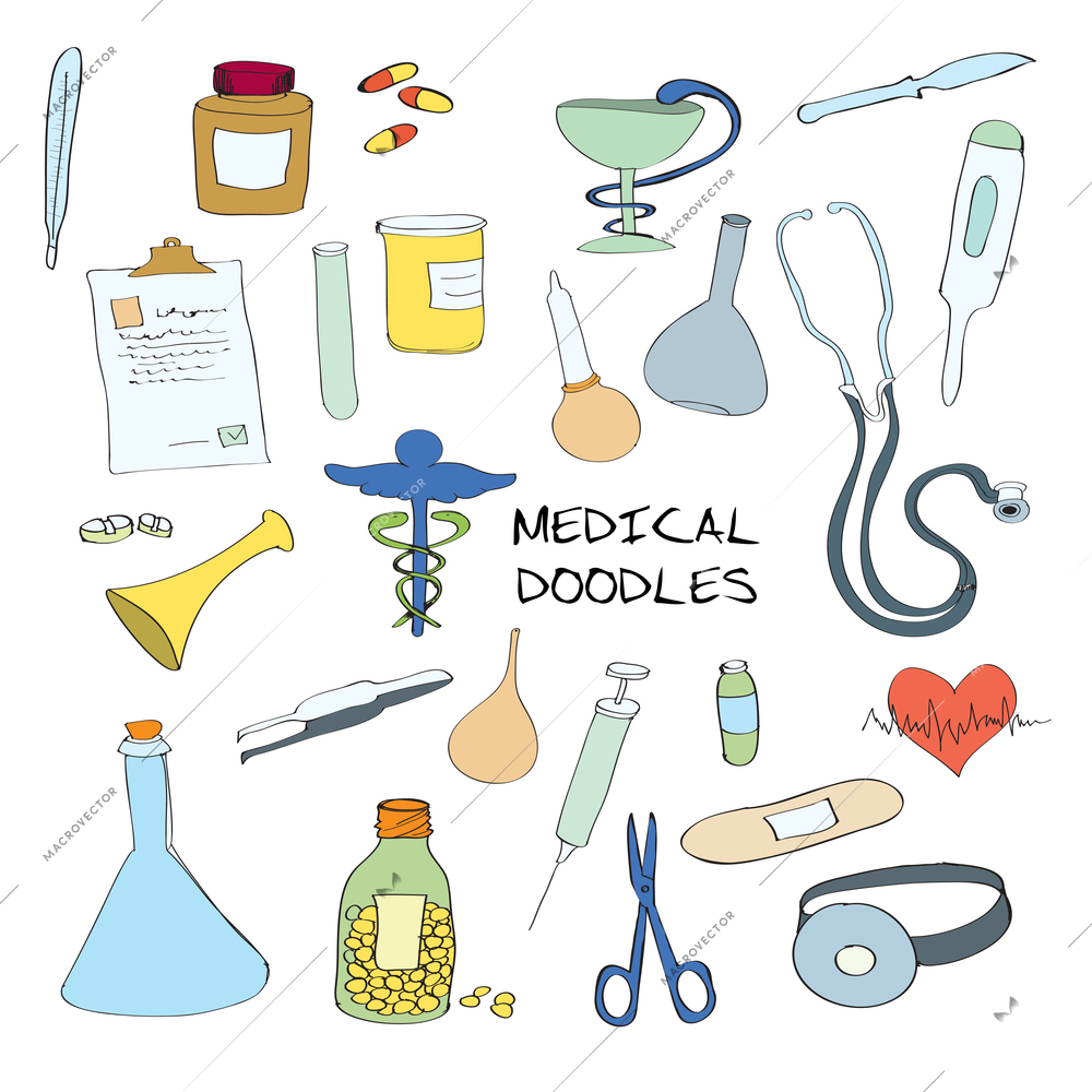 Medical healthcare emblems collection  of snake asclepius symbol stethoscope plaster pills capsules color doodle sketch vector illustration