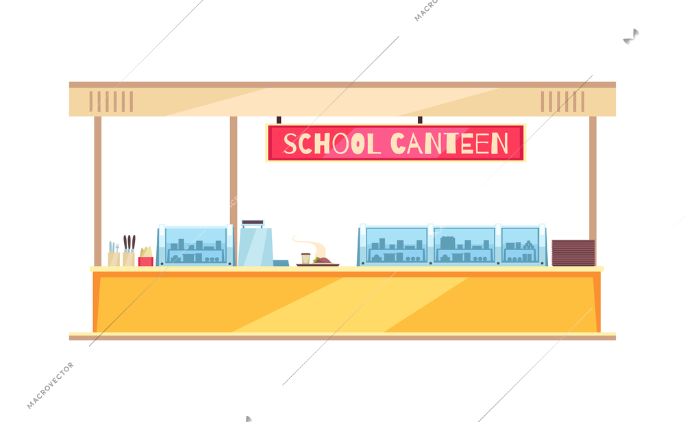 School canteen interior with utensils and hot meal on tray cartoon vector illustration