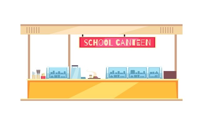 School canteen interior with utensils and hot meal on tray cartoon vector illustration