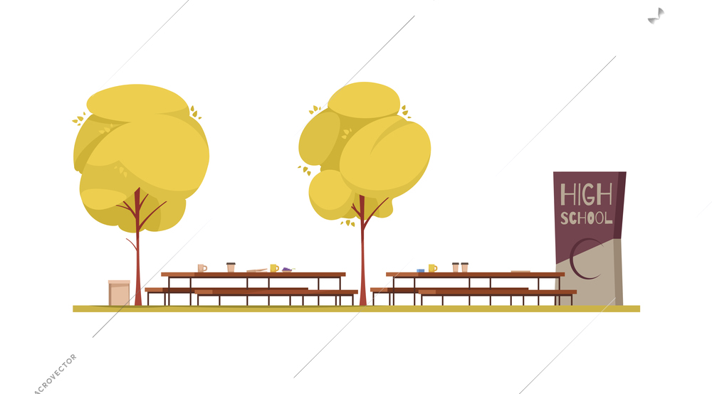 School territory yard with tables and benches cartoon vector illustration