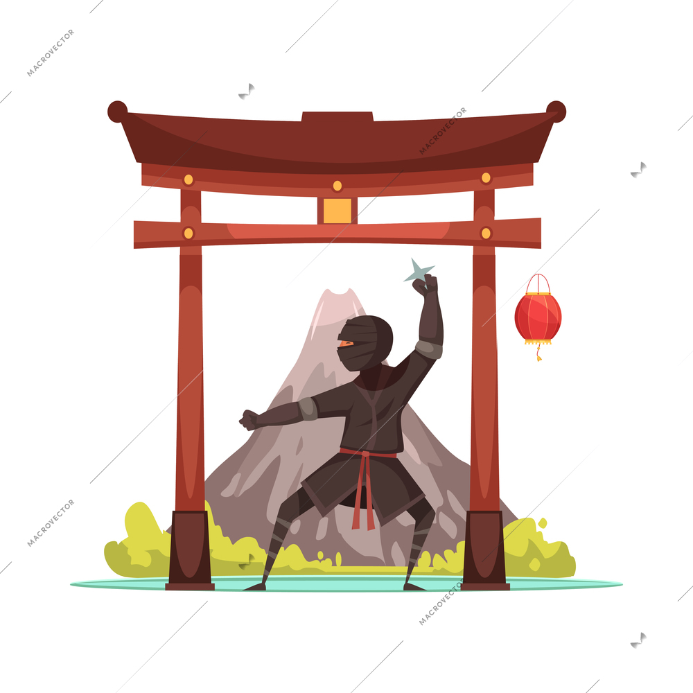 Ancient warriors flat concept with japanese ninja cartoon vector illustration