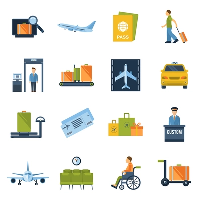 Airport icons flat set with baggage check airplane security control isolated vector illustration