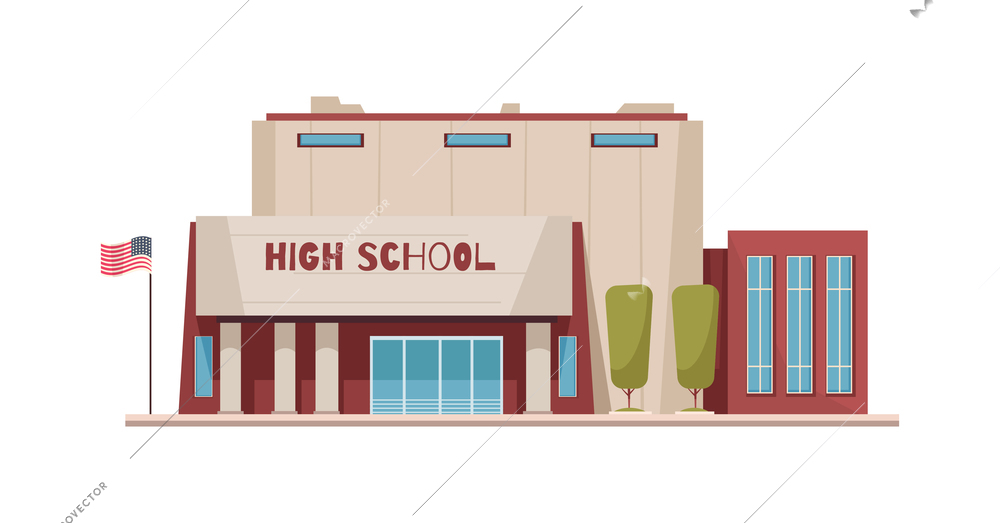 Cartoon high school building exterior on white background vector illustration