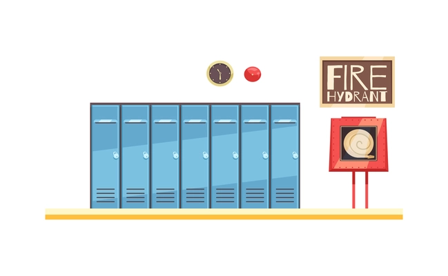 School hall interior with row of lockers and fire hydrant cartoon vector illustration