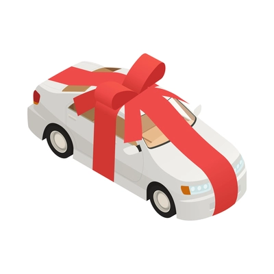 Car dealership isometric icon with new car with red ribbon 3d vector illustration