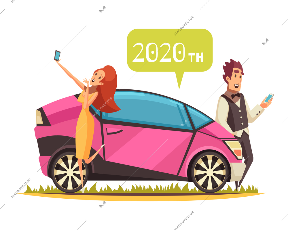 Modern ground transportation concept with car and people with smartphones cartoon vector illustration