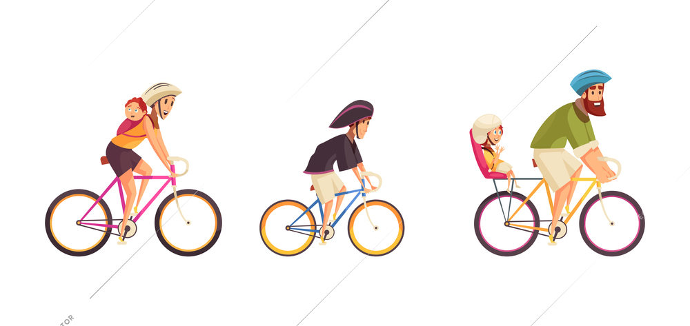 Cartoon family spending active holidays riding bikes together flat vector illustration