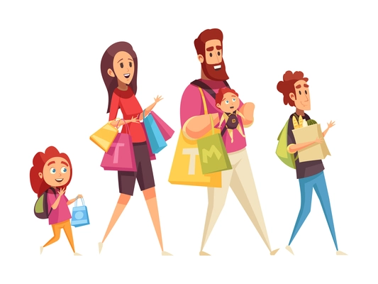 Happy family doing shopping together flat cartoon vector illustration