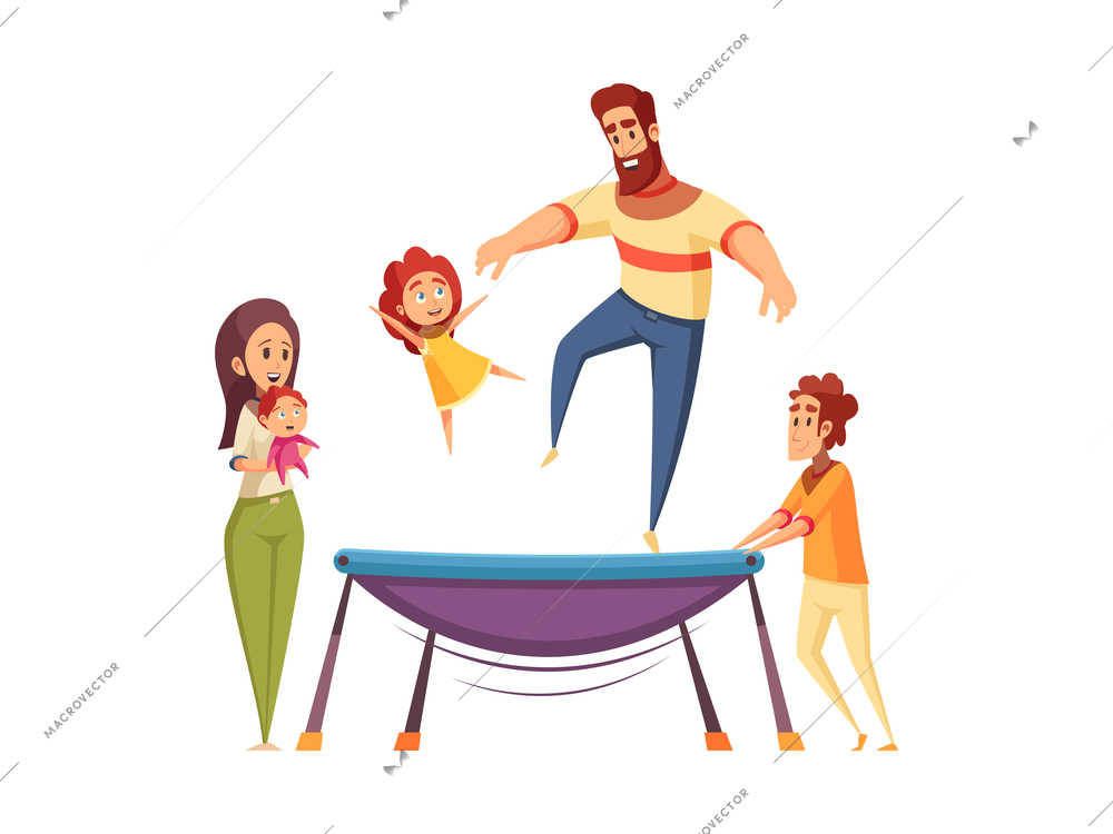 Happy family spending active holidays jumping on trampoline flat cartoon vector illustration