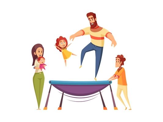 Happy family spending active holidays jumping on trampoline flat cartoon vector illustration