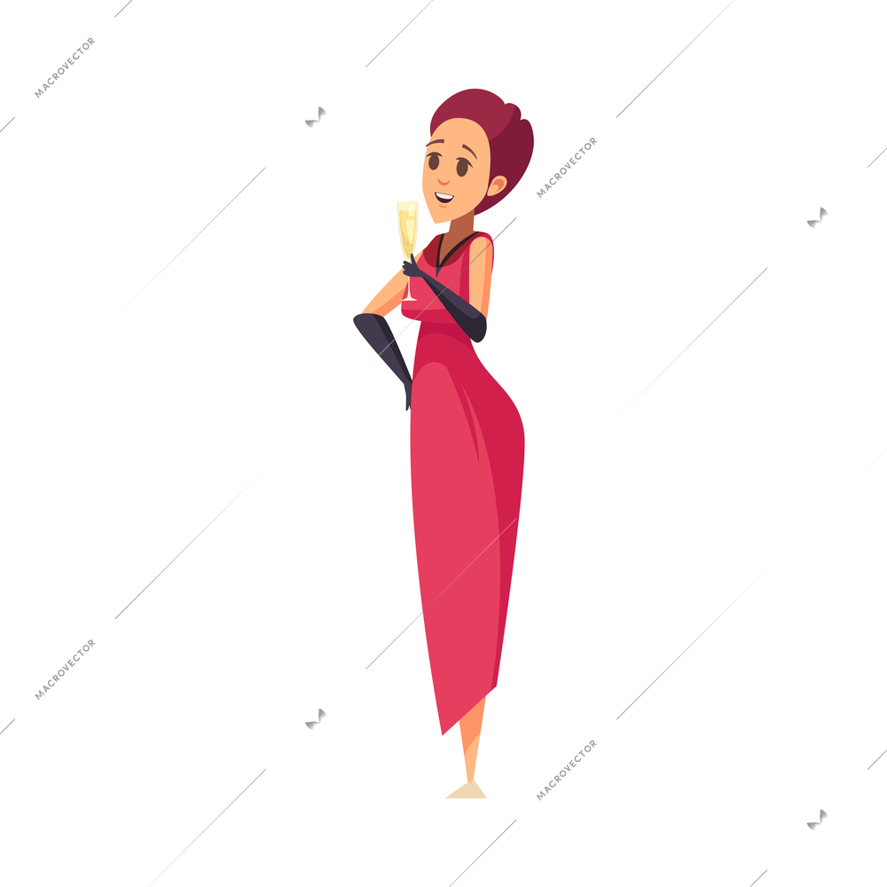 Cartoon woman wearing pink dress with glass of champagne at banquet vector illustration