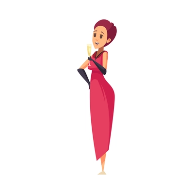 Cartoon woman wearing pink dress with glass of champagne at banquet vector illustration