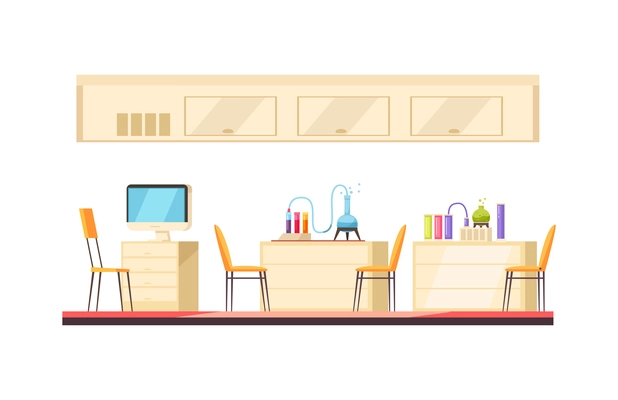 School laboratory chemistry classroom interior with furniture and equipment for experiments cartoon vector illustration