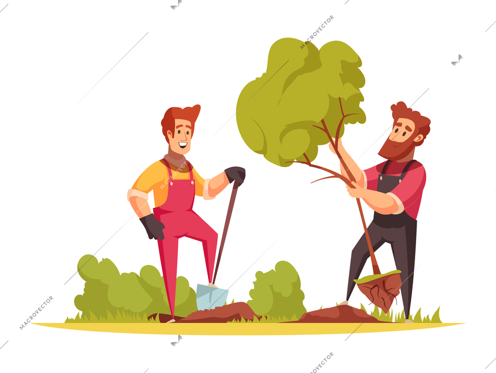 Horticulture cartoon composition with happy men planting tree in garden vector illustration