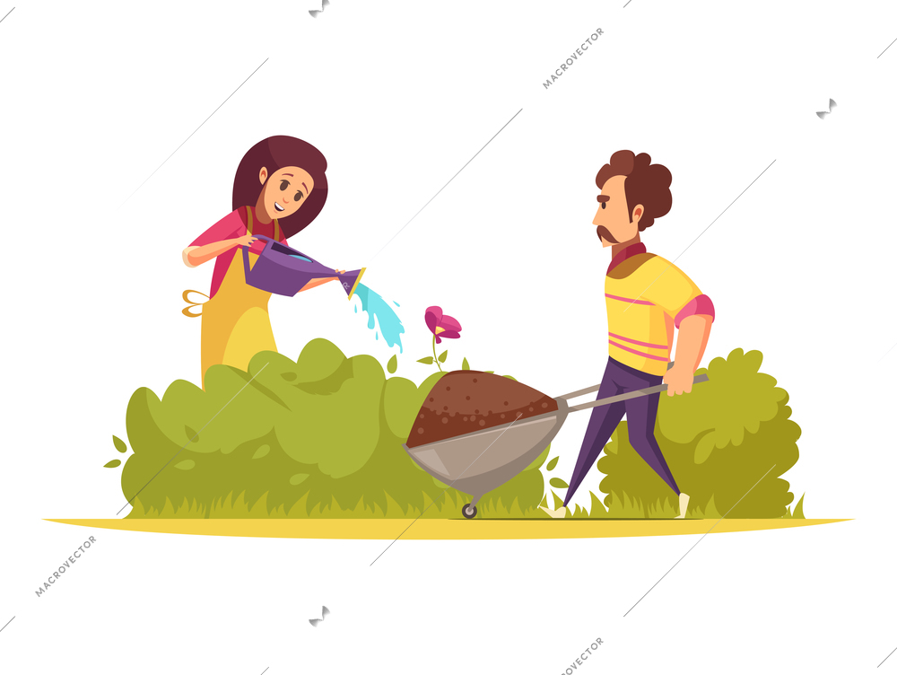 Cartoon man and woman doing gardening watering plants carrying soil in wheelbarrow vector illustration