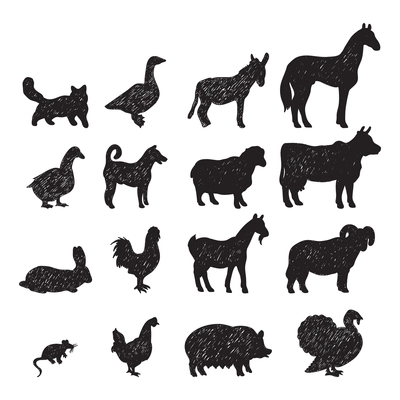 Domestic farm animals black silhouettes icons set  with cow goat horse pig donkey isolated abstract vector illustration