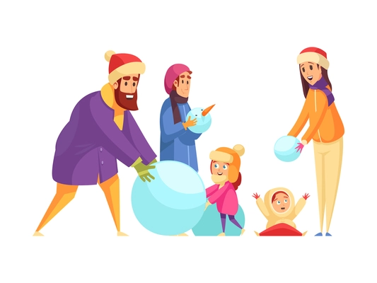 Happy family spending active holidays making snowman with children flat vector illustration