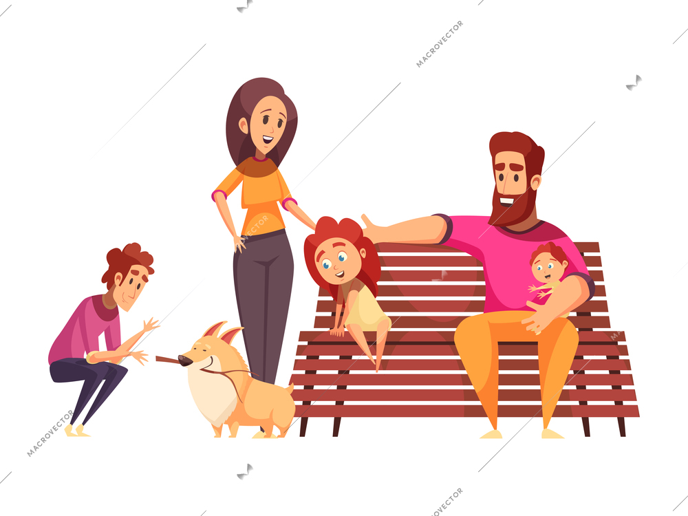Happy family walking in park with dog flat vector illustration