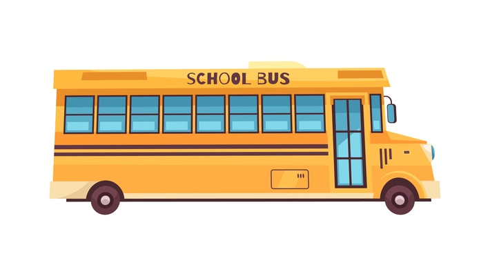 Yellow school bus side view on white background flat vector illustration