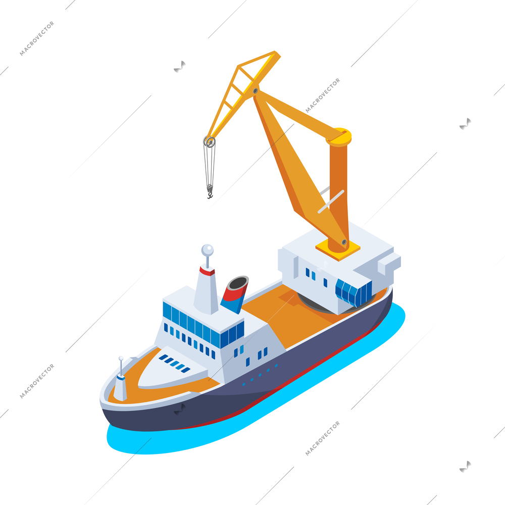 Isometric ship with crane on white background 3d vector illustration