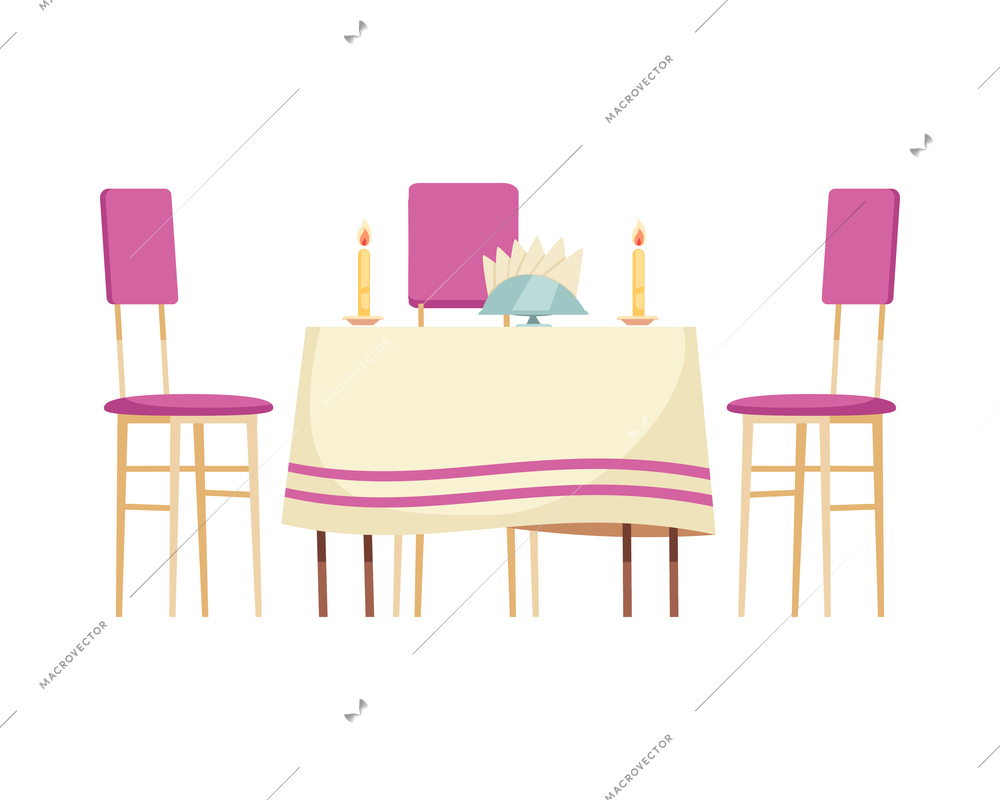 Cartoon restaurant table with cloth napkins candles and chairs vector illustration