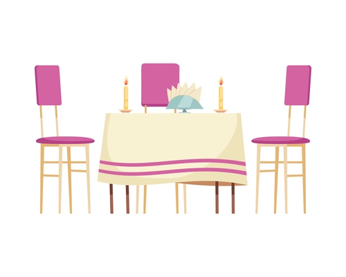 Cartoon restaurant table with cloth napkins candles and chairs vector illustration