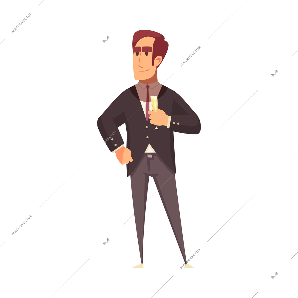 Cartoon man with glass of champagne at banquet flat vector illustration