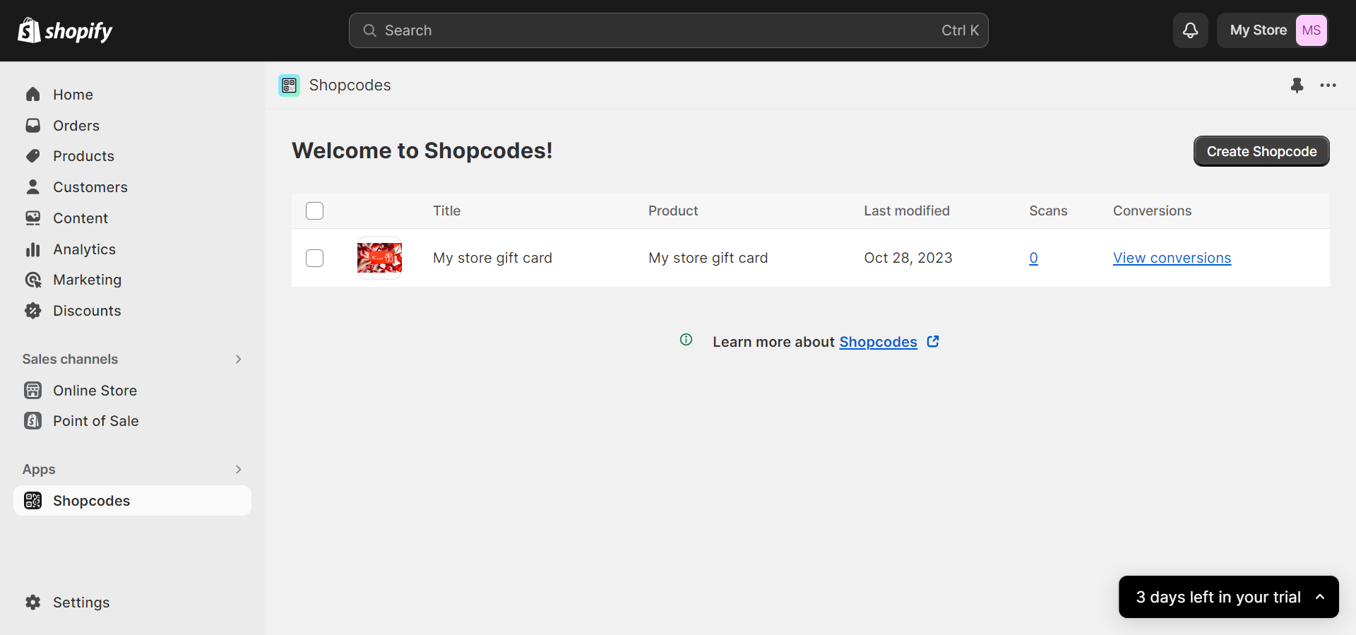 Shopcodes app on Shopify’s screen