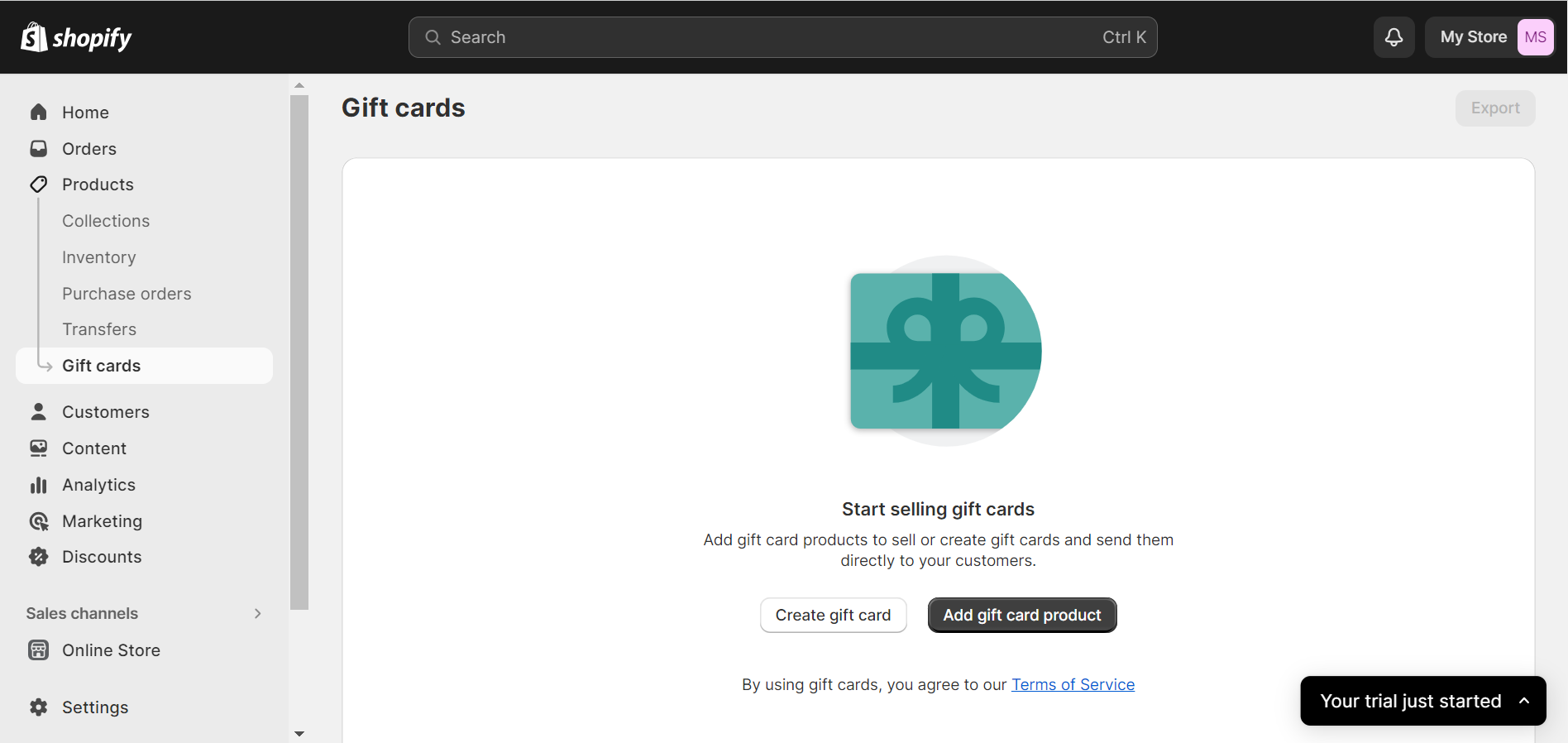 Shopify gift cards dashboard screen