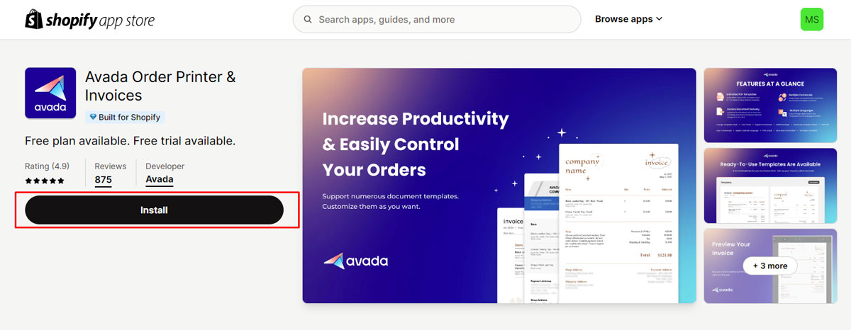 Install an app to create Shopify invoice