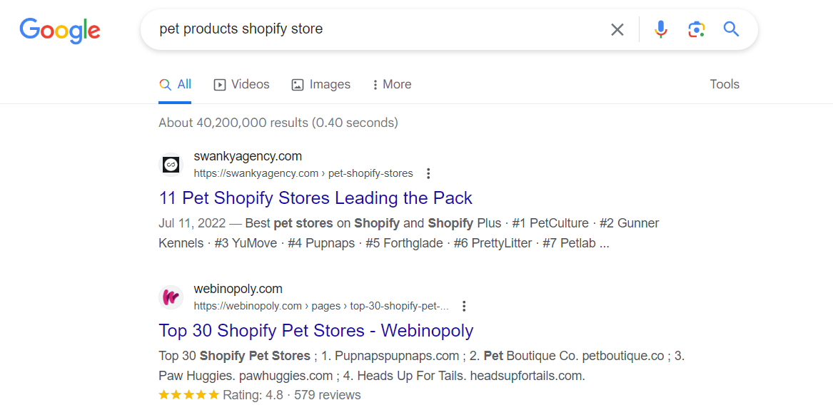 Simply find Shopify stores with Google Search