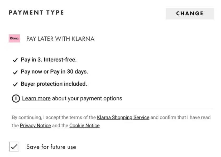Payment types of Klarna