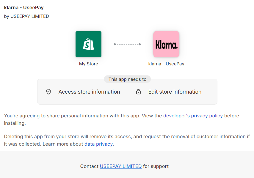 Confirmation before integrating Klarna Shopify