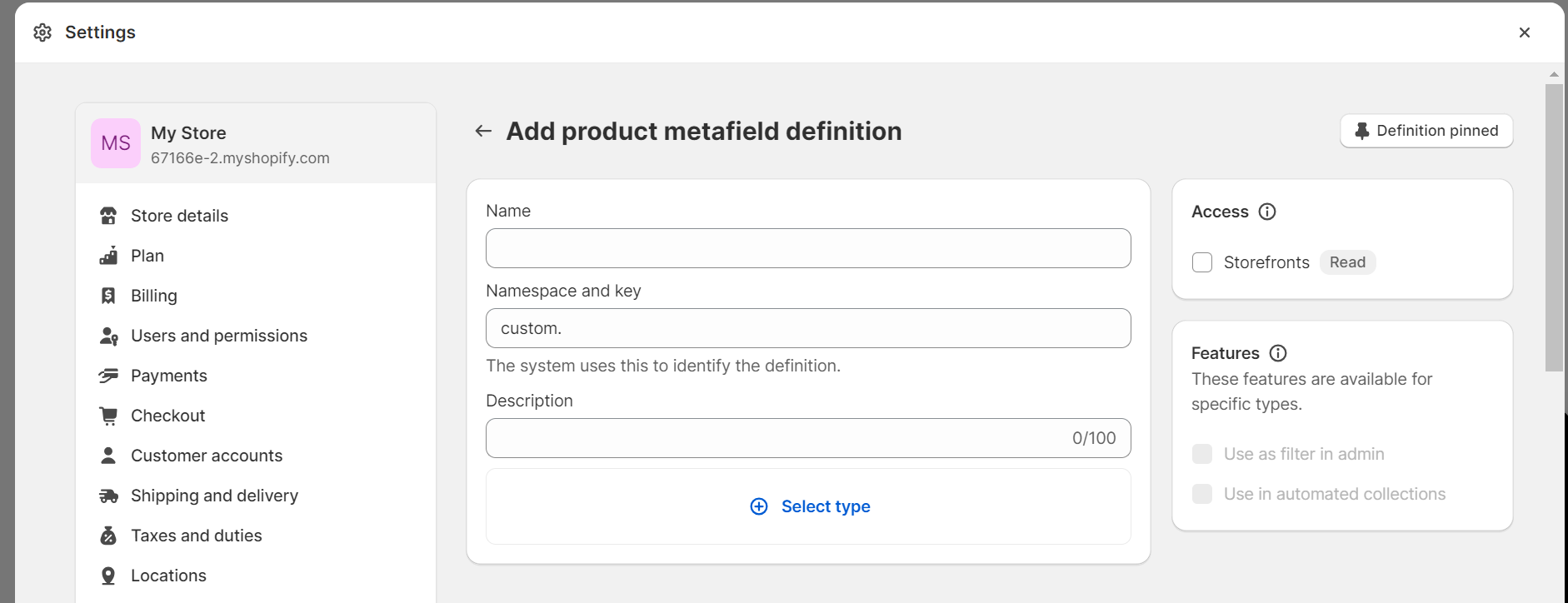 Make a definition for the metafield