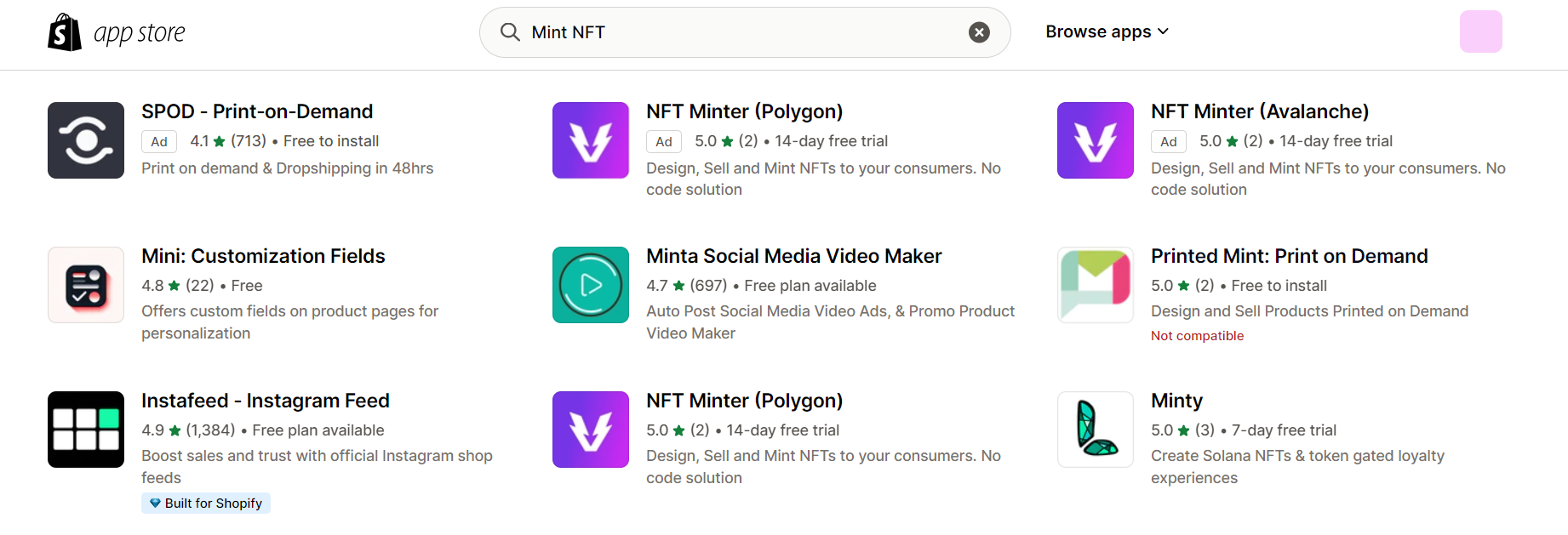 Many NFT minting application on Shopify App Store