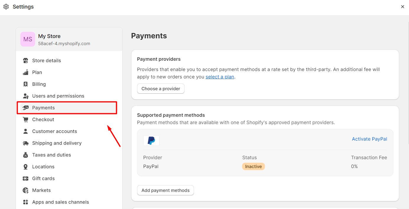 Different payments on Shopify