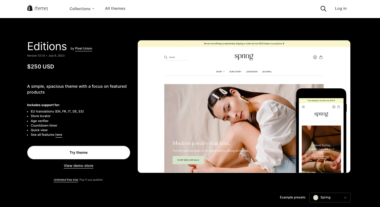 Editions is one of the best Shopify themes for SEO