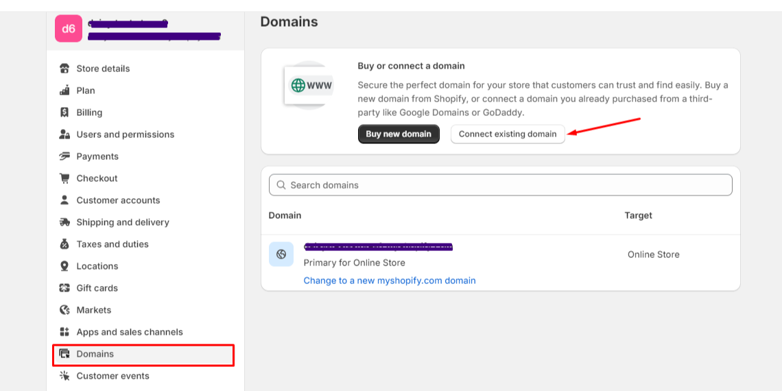 Select Connect Existing Domain