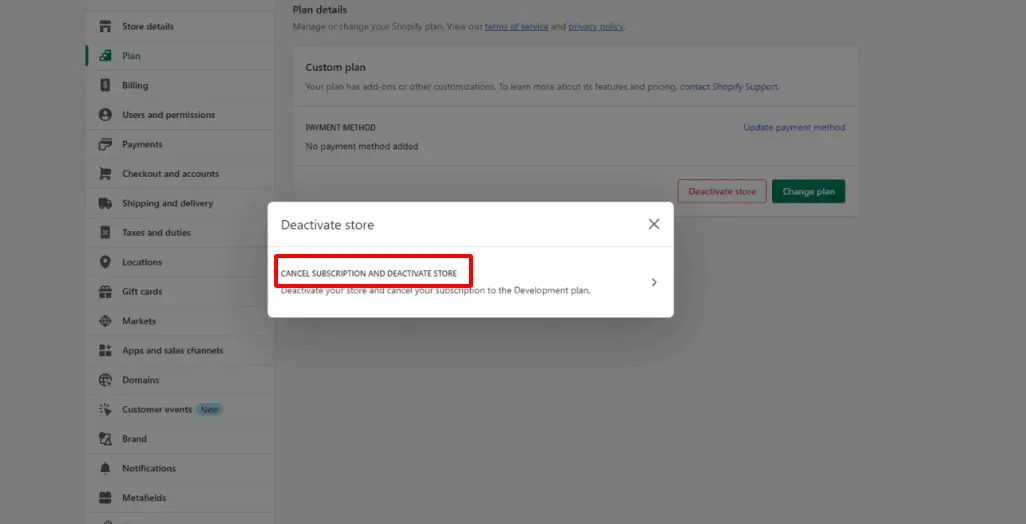 Step 5: Confirm the deactivation of your Shopify account