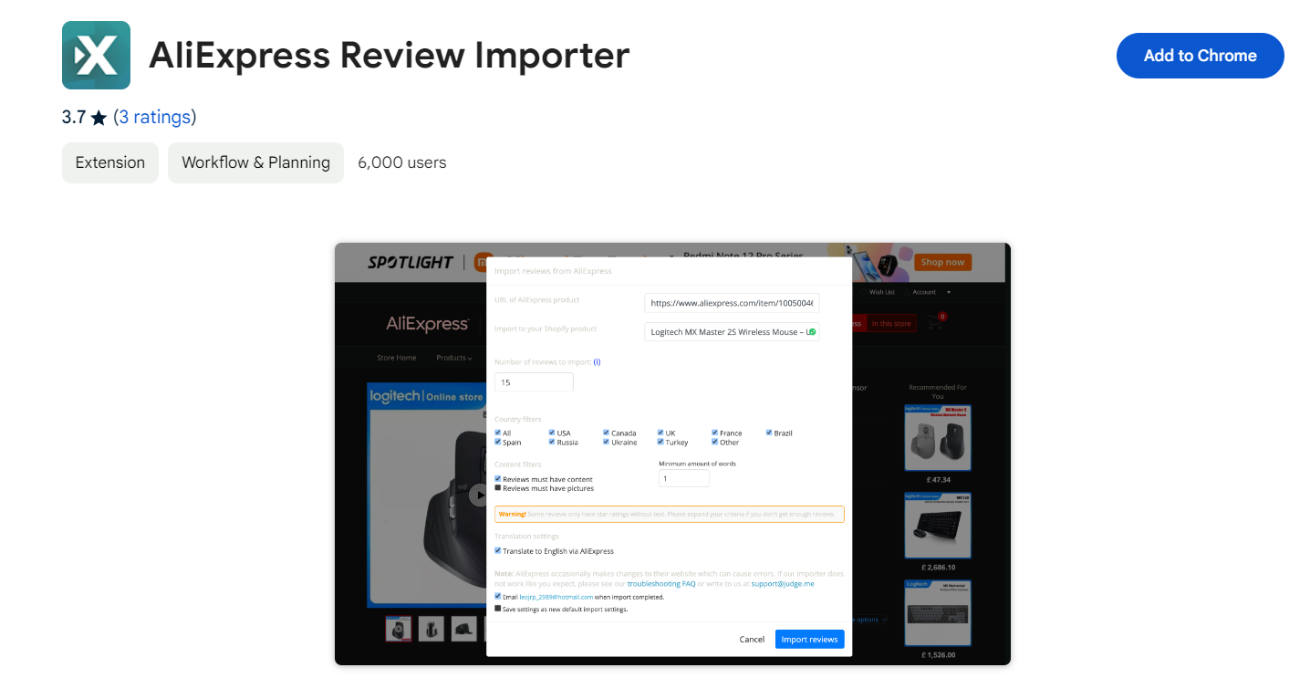 AliExpress Review Importer extension on Chrome