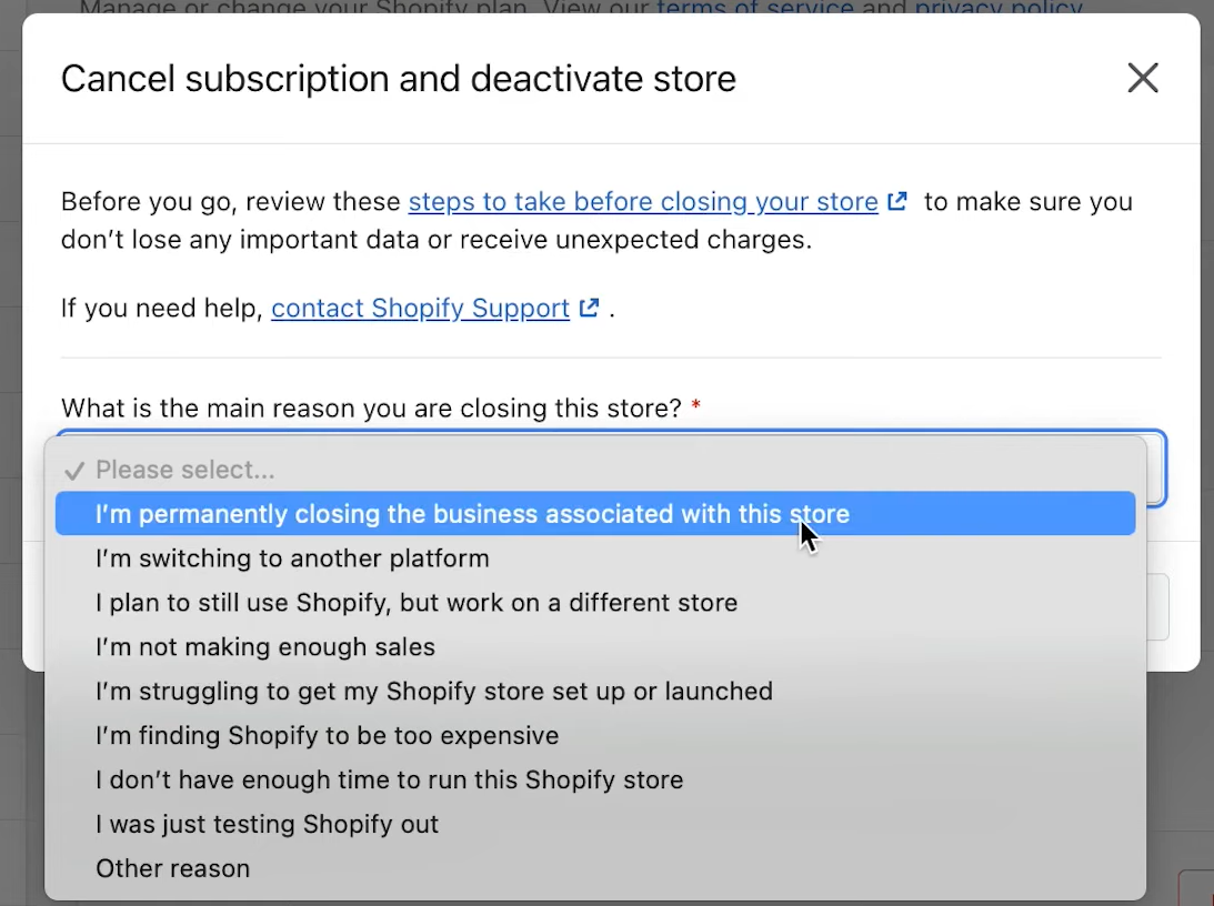 Cancel Subscription and Deactivate Store