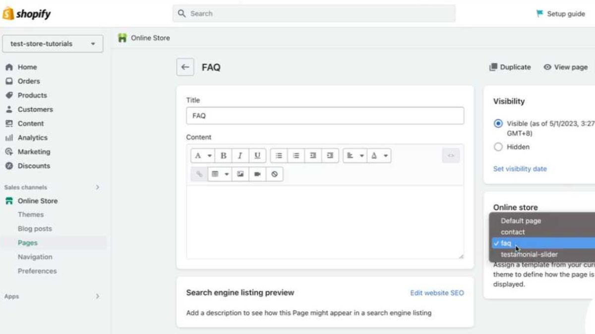 Step 2 to add FAQ page on Shopify