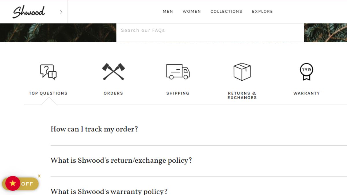 Shwood's FAQ page is a great example of good design