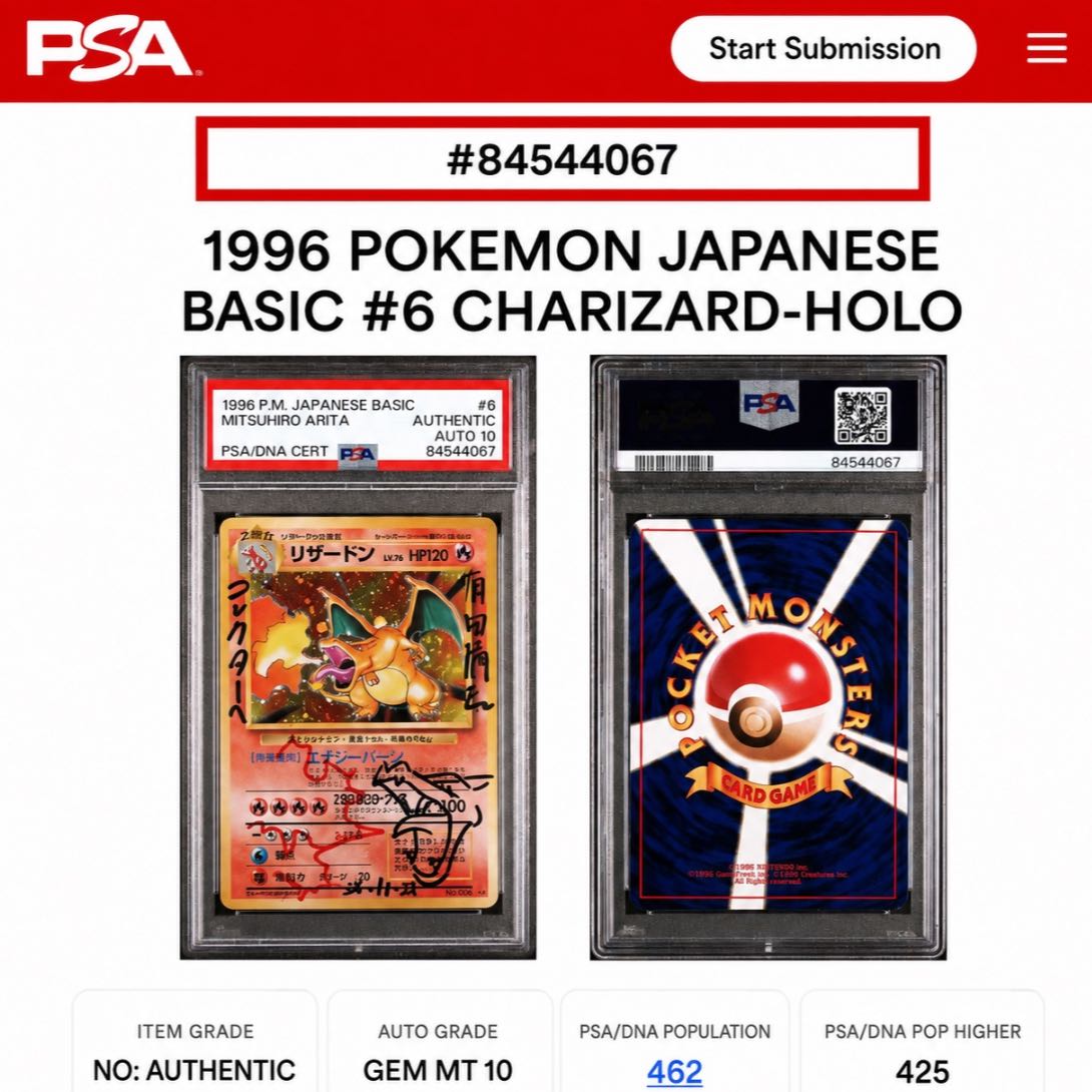 [Autograph] Charizard 1996 Old Back, PSA-Graded, Auto 10, by Mitsuhiro Arita 1枚