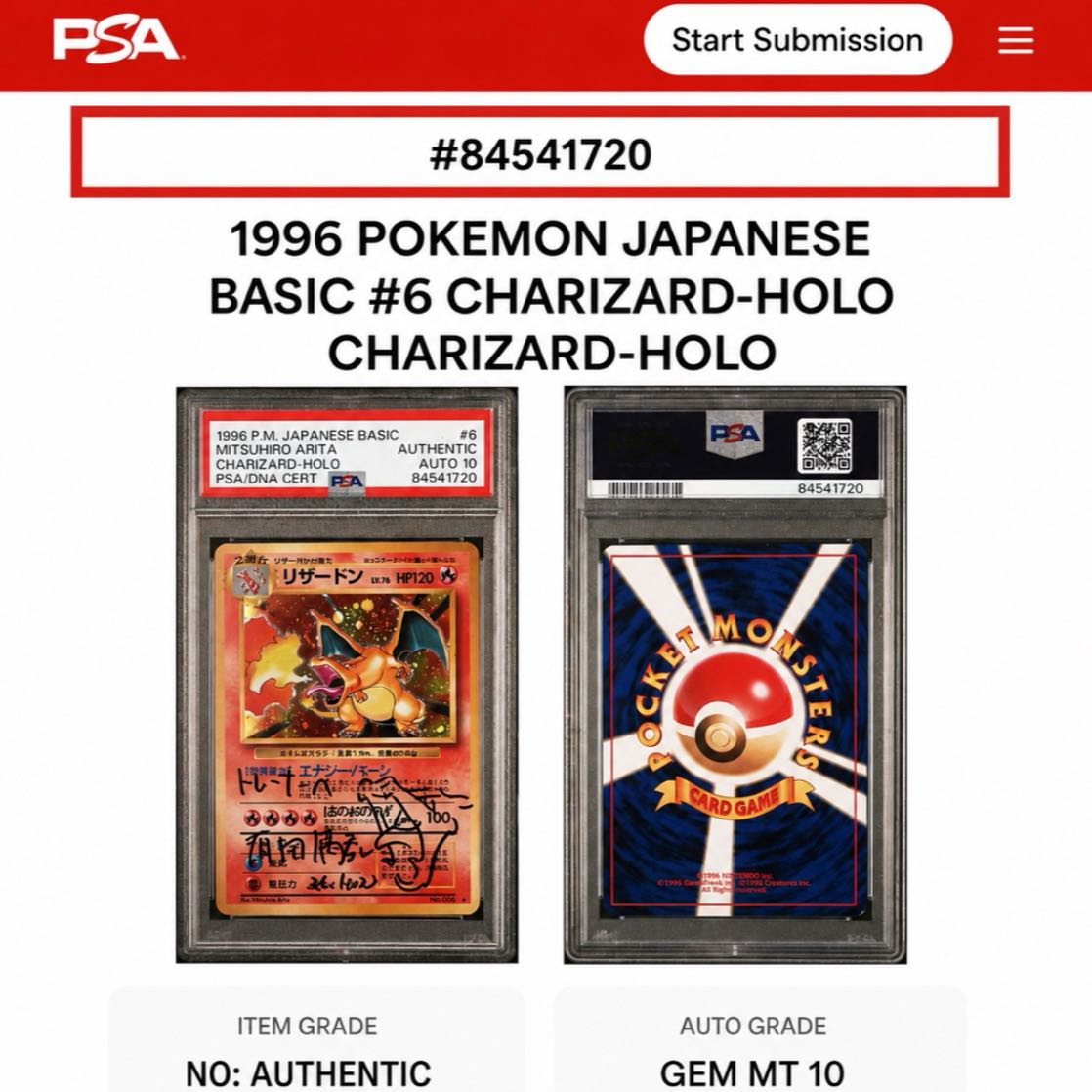 [PSA AUTO 10] Vintage Reverse Charizard, Signed by Mitsuhiro Arita, Charizard Holo 1枚