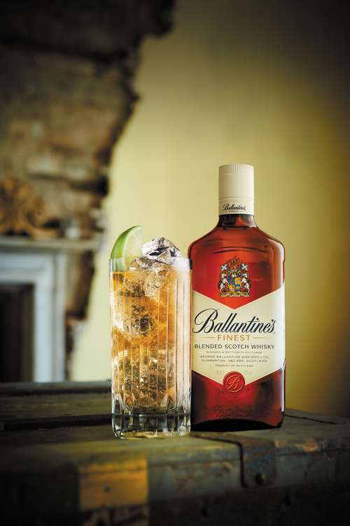 Ballantine's Finest blended Scotch whisky bottle and highball serve