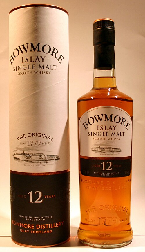 Bowmore 12 Year Old Islay single malt Scotch whisky bottle and tube