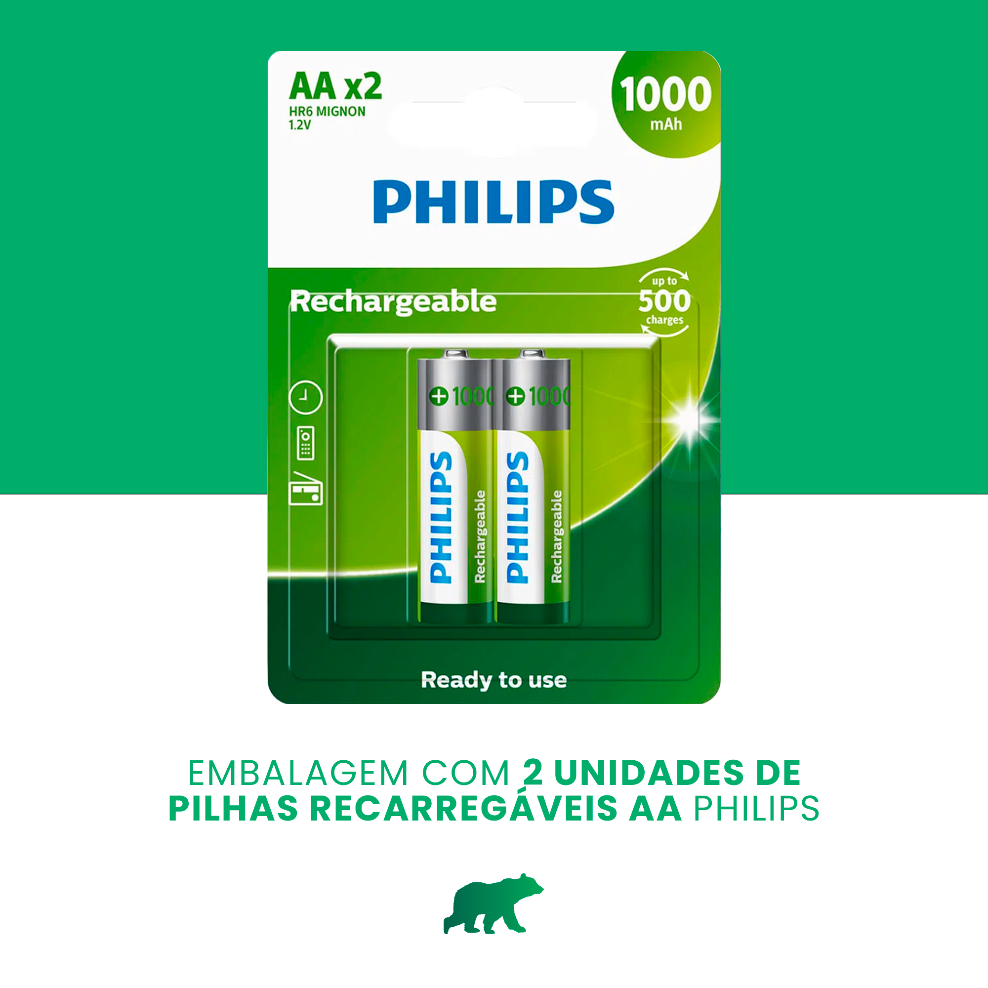 2 Pilhas Tipo AAA Recarregáveis GREEN 1.2V 1000mAH