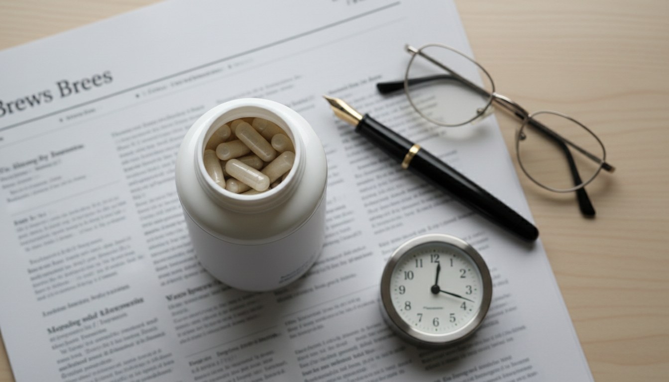 White magnesium bottle on a printed news brief with a pen, reading glasses, and an analog clock