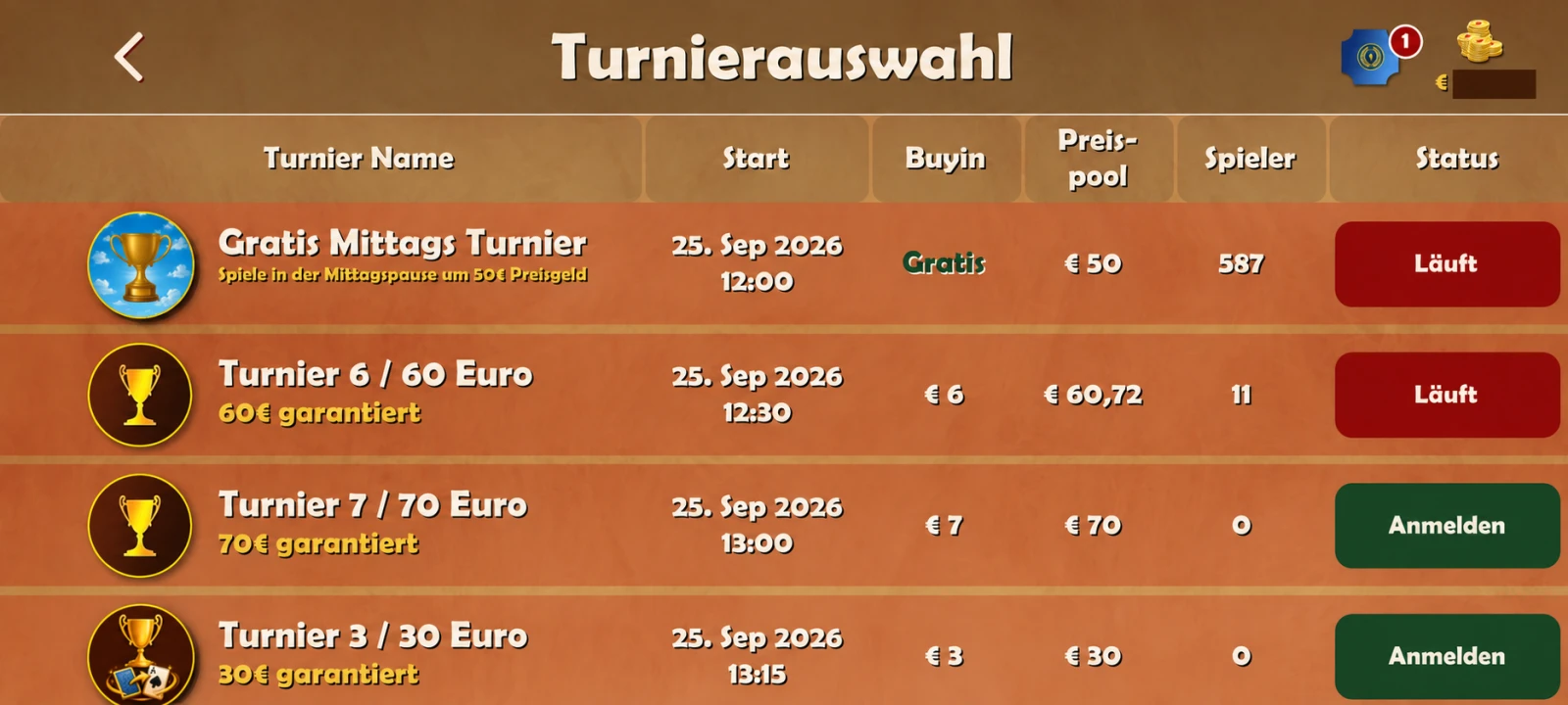 Turnierauswahl mit Start, Buy-in, Preispool und Status